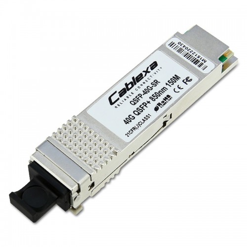 Alcatel-Lucent QSFP-40G-SR, Four channel 40 Gigabit optical transceiver (QSFP+). Supports link lengths of 100m and 150m respectively on OM3 and OM4 multimode fiber cables.