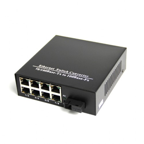 Single Fiber Fast Ethernet Standalone WDM / BiDi Fiber Media Converter, 1-port Fiber & 8-port RJ45, Tx:1310nm/Rx:1550nm, Singlemode, 20km