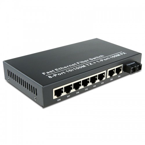 Dual Fiber 10/100Base-TX to 100Base-FX Fast Ethernet Standalone Fiber Media Converter, 1-port Fiber & 8-port RJ45, 1310nm Multimode, 2km