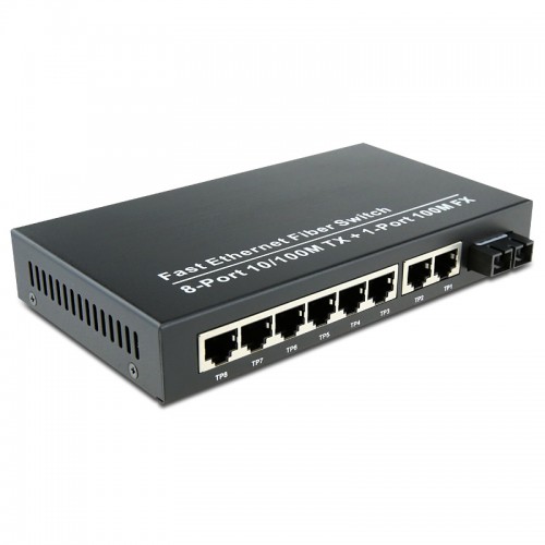 Dual Fiber 10/100Base-TX to 100Base-LX Fast Ethernet Standalone Fiber Media Converter, 1-port Fiber & 8-port RJ45, 1310nm Singlemode, 20km