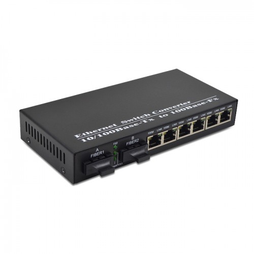 Dual Fiber 10/100Base-TX to 100Base-FX Fast Ethernet Standalone Fiber Media Converter, 2-port Fiber & 6-port RJ45, 1310nm Multimode, 2km