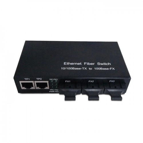 Dual Fiber 10/100Base-TX to 100Base-FX Fast Ethernet Standalone Fiber Media Converter, 3-port Fiber & 2-port RJ45, 1310nm Multimode, 2km