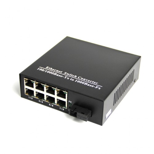Single Fiber Gigabit Ethernet WDM / BiDi Fiber Media Converter, 1-port Fiber & 8-port RJ45, Tx:1550nm/Rx:1310nm, Singlemode, 20km