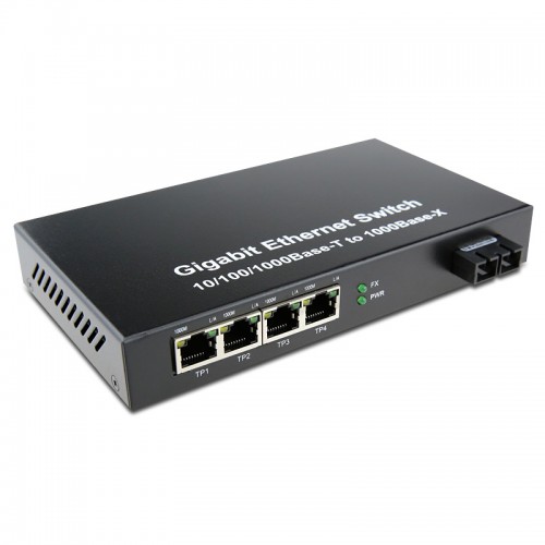 Dual Fiber 10/100/1000Base-TX to 1000Base-LX Gigabit Ethernet Standalone Fiber Media Converter, 1-port Fiber & 4-port RJ45, 1310nm Multimode, 2km