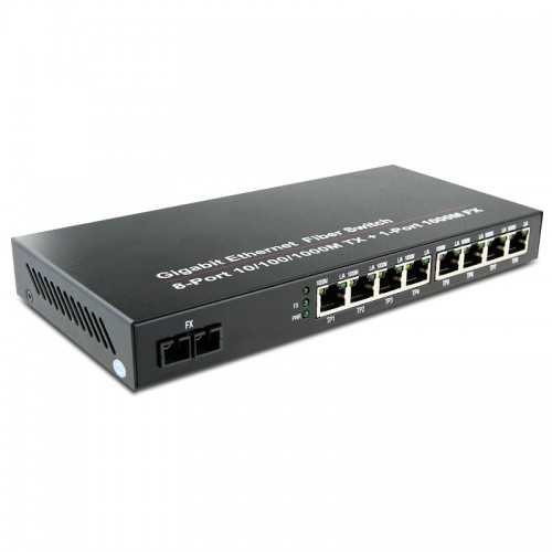 Dual Fiber 10/100/1000Base-TX to 1000Base-LX Gigabit Ethernet Standalone Fiber Media Converter, 1-port Fiber & 8-port RJ45, 1310nm Multimode, 2km