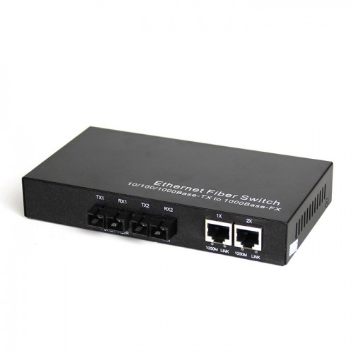 Dual Fiber 10/100/1000Base-TX to 1000Base-SX Gigabit Ethernet Standalone Fiber Media Converter, 2-port Fiber & 2-port RJ45, 850nm Multimode, 550m