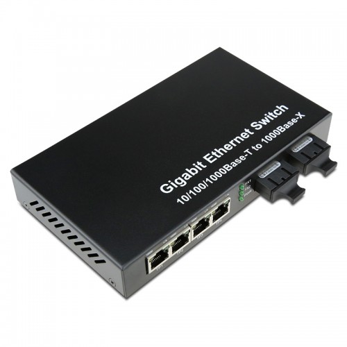 Dual Fiber 10/100/1000Base-TX to 1000Base-EX Gigabit Ethernet Standalone Fiber Media Converter, 2-port Fiber & 4-port RJ45, 1310nm Singlemode, 40km