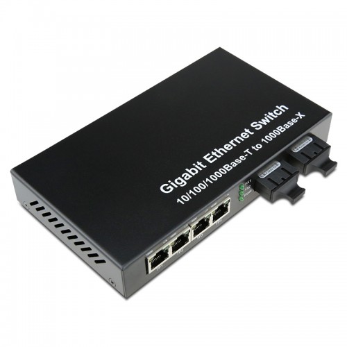 Dual Fiber 10/100/1000Base-TX to 1000Base-SX Gigabit Ethernet Standalone Fiber Media Converter, 2-port Fiber & 4-port RJ45, 850nm Multimode, 550m