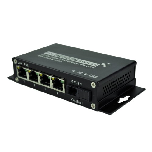 Single Fiber 10/100M PoE Media Converter, 1-port Fiber & 4-port RJ45, Tx:1310nm/Rx:1550nm, Singlemode, 40km