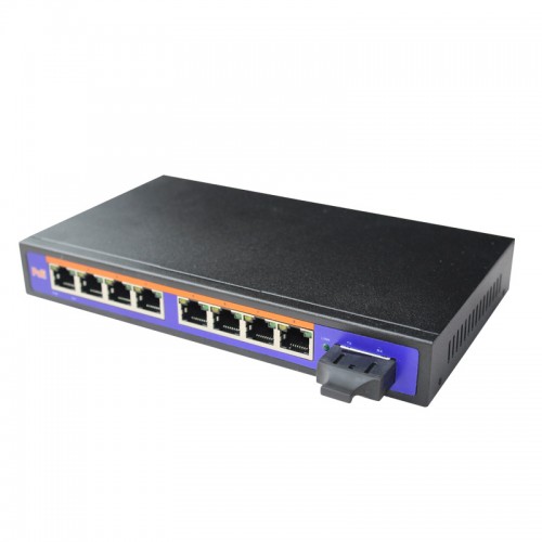 Single Fiber 10/100M PoE Media Converter, 1-port Fiber & 8-port RJ45, Tx:1310nm/Rx:1550nm, Singlemode, 40km